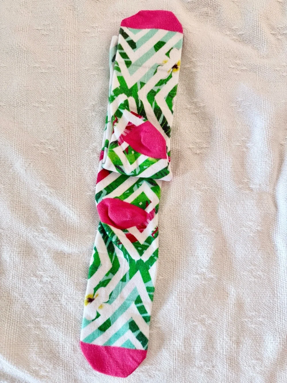 Cariloha Women's Bamboo Trouser Socks - White with Green & Pink Tropical Print
